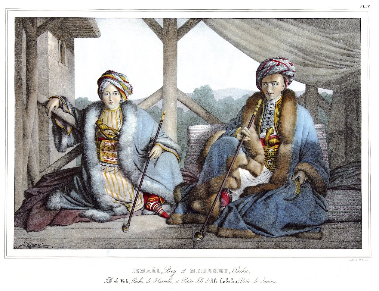 Ismael, Bey og Mehemet Pasha, søn af Veli, pasha af Thessalien og barnebarn af Ali Tebelen (1741-1822), vizir af Janina, i "" Rejsen til Athen og Konstantinopel, eller samling af græske og osmanniske portrætter, udsigter og kostumer, malet på steder af nat af Louis Dupré