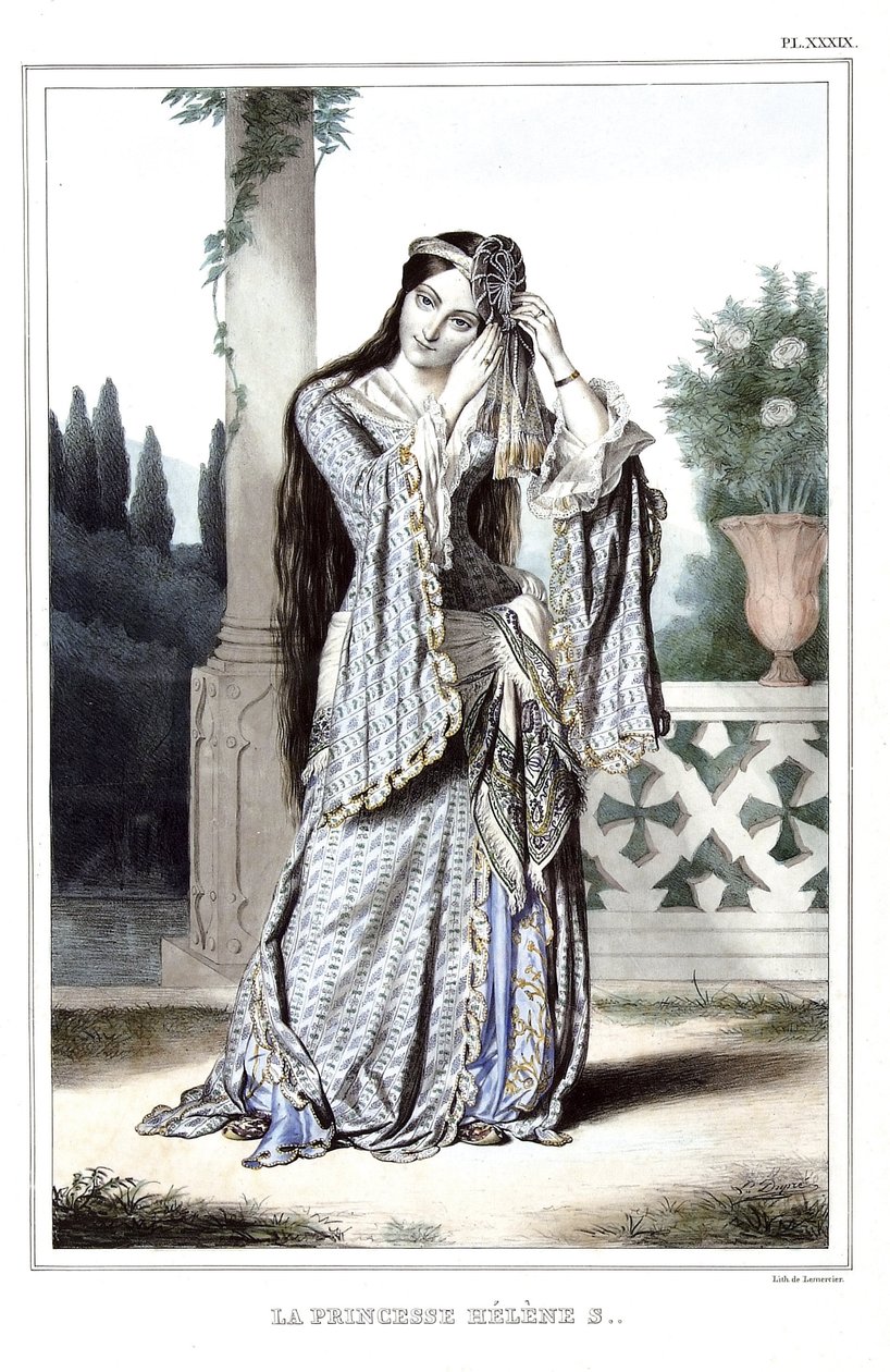 Prinsesse Helene Soutzo. i "" Rejsen til Athen og Konstantinopel, eller samling af græske og osmanniske portrætter, udsigter og kostumer, malet på steder af efter naturen, litografier og farver af Louis Dupre (1789-1837), elev af David.1825. af Louis Dupré