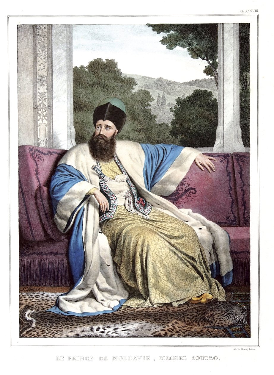 Prinsen af Moldova, Michael Soutzo (1729-1830). i "" Rejsen til Athen og Konstantinopel, eller samling af græske og osmanniske portrætter, udsigter og kostumer, malet på steder af naturen, litografier og farver af Louis Dupre (1789-1837), elev af Dav af Louis Dupré