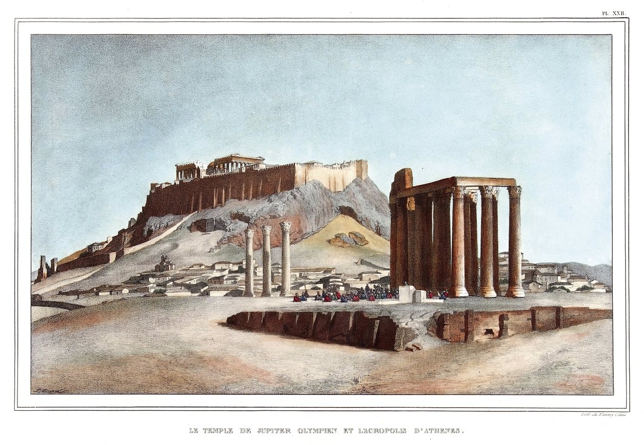 Templet for Olympian Jupiter og Akropolis i Athen. i "" Rejsen til Athen og Konstantinopel, eller samling af græske og osmanniske portrætter, udsigter og kostumer, malet på naturens steder, litografier og farver af Louis Dupre (1789-1837), pu af Louis Dupré