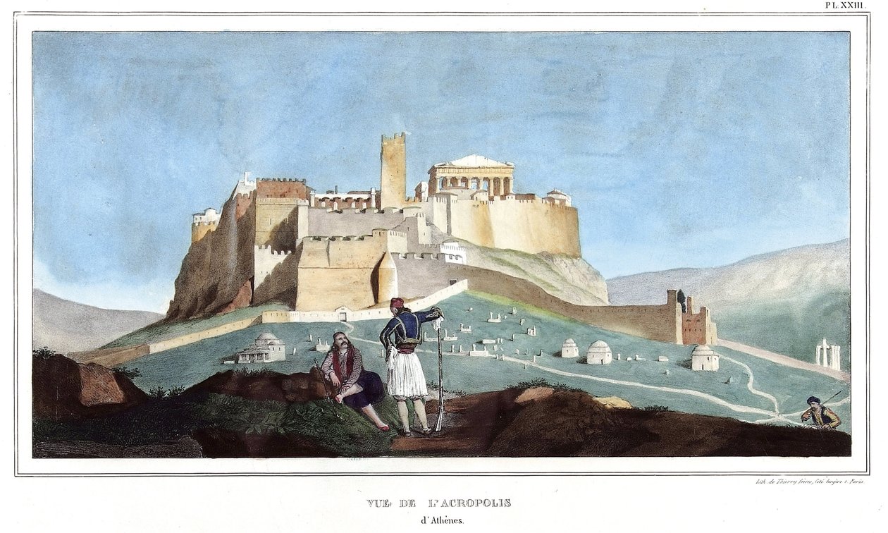 Udsigt over Akropolis i Athen. i "" Rejsen til Athen og Konstantinopel, eller samling af græske og osmanniske portrætter, udsigter og kostumer, malet på naturens steder, litografier og farver af Louis Dupre (1789-1837), Davids elev.1825. af Louis Dupré