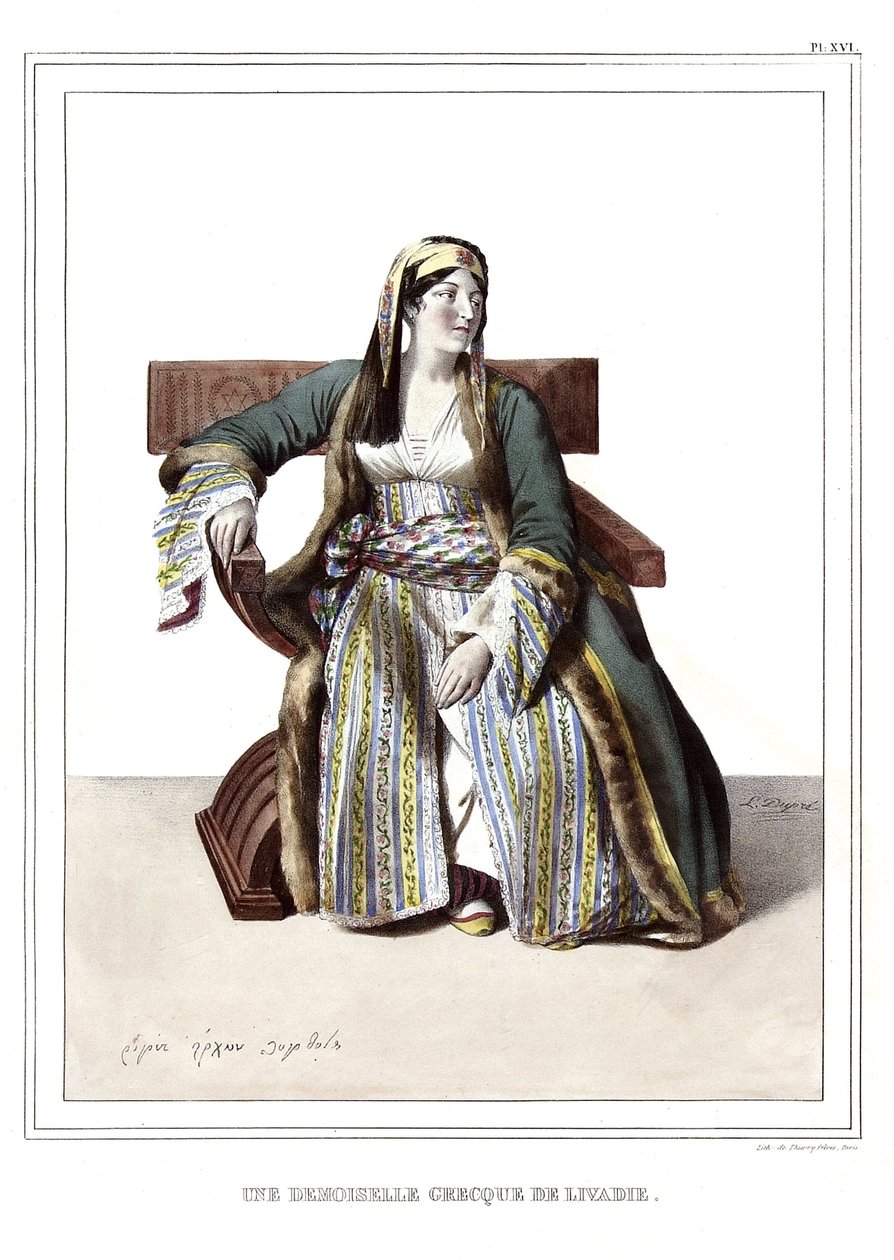 En græsk dame fra Livadie. i "" Rejsen til Athen og Konstantinopel, eller samling af græske og osmanniske portrætter, udsigter og kostumer, malet på naturens steder, litografier og farver af Louis Dupre (1789-1837), Davids elev.1825. af Louis Dupré