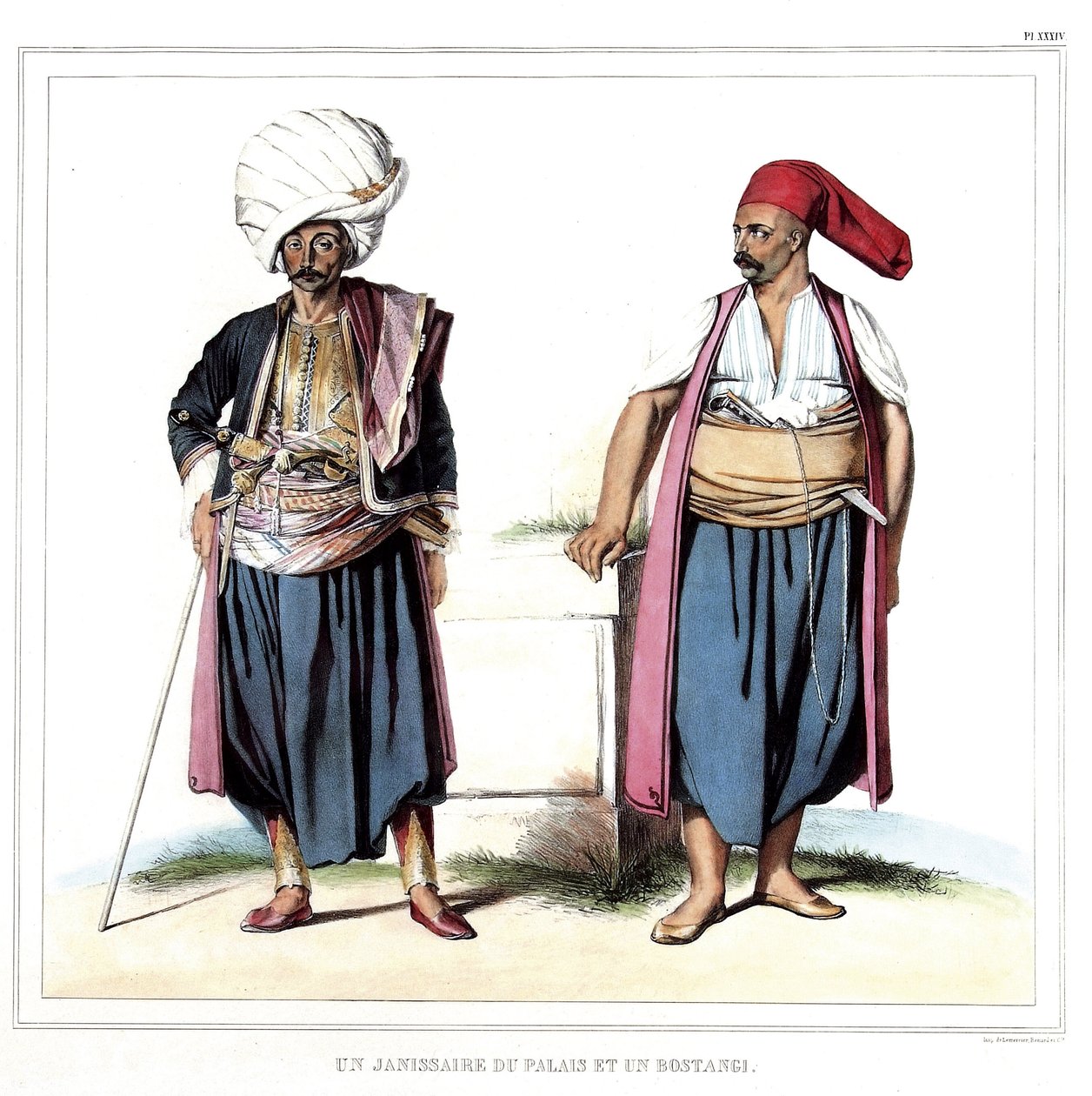 En janitsjar af paladset og en bostangi (gartner af serail). i "" Rejsen til Athen og Konstantinopel, eller samling af græske og osmanniske portrætter, udsigter og kostumer, malet på naturens steder, litografier og farver af Louis Dupre (1789-183) af Louis Dupré