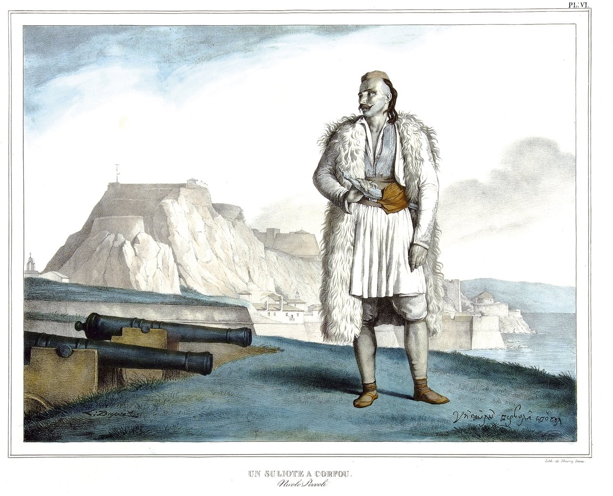 En Suliote på Korfu, Nicolo Pervoli, i "" Rejsen til Athen og Konstantinopel, eller samling af græske og osmanniske portrætter, udsigter og kostumer, malet på steder efter naturen, litografier og farver af Louis Dupre (1789-1837), Davids elev .1825. af Louis Dupré
