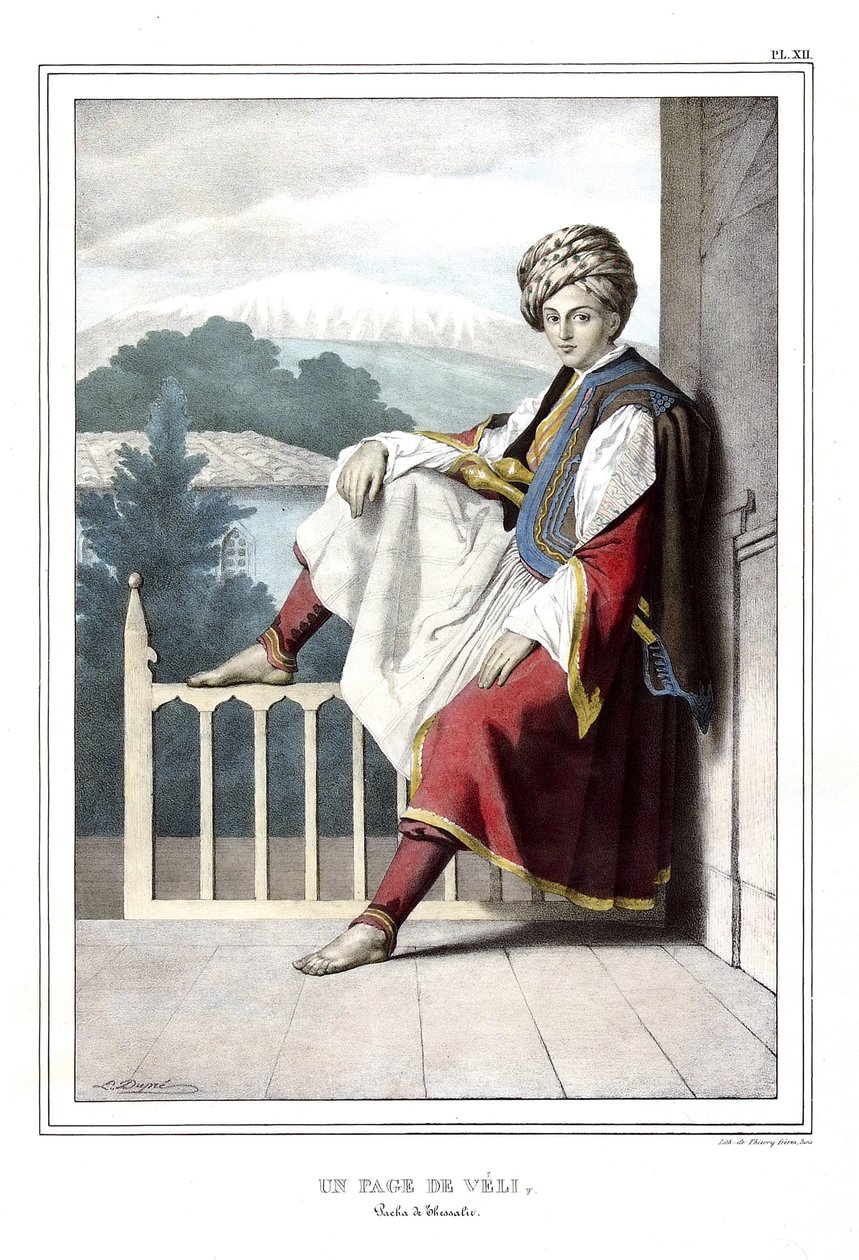 En side af Veli, pasha deThessalie. i "" Rejsen til Athen og Konstantinopel, eller samling af græske og osmanniske portrætter, udsigter og kostumer, malet på naturens steder, litografier og farver af Louis Dupre (1789-1837), Davids elev.1825. af Louis Dupré