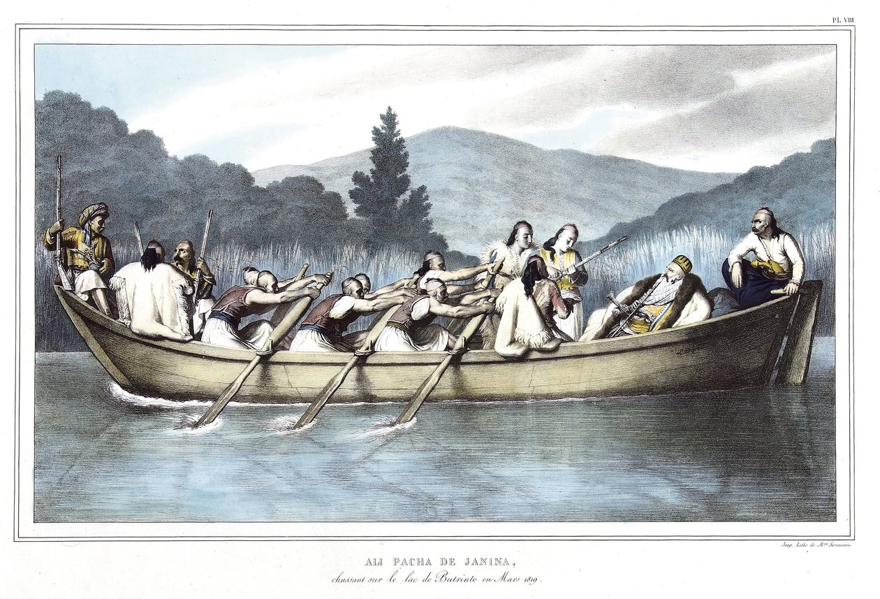 Ali Pasha de Janina (1741-1822), på jagt ved Butrinto-søen i marts 1819. i "" Rejsen til Athen og Konstantinopel, eller samling af græske og osmanniske portrætter, udsigter og kostumer, malet på steder efter naturen, litografier og farver af Louis Dupre af Louis Dupré