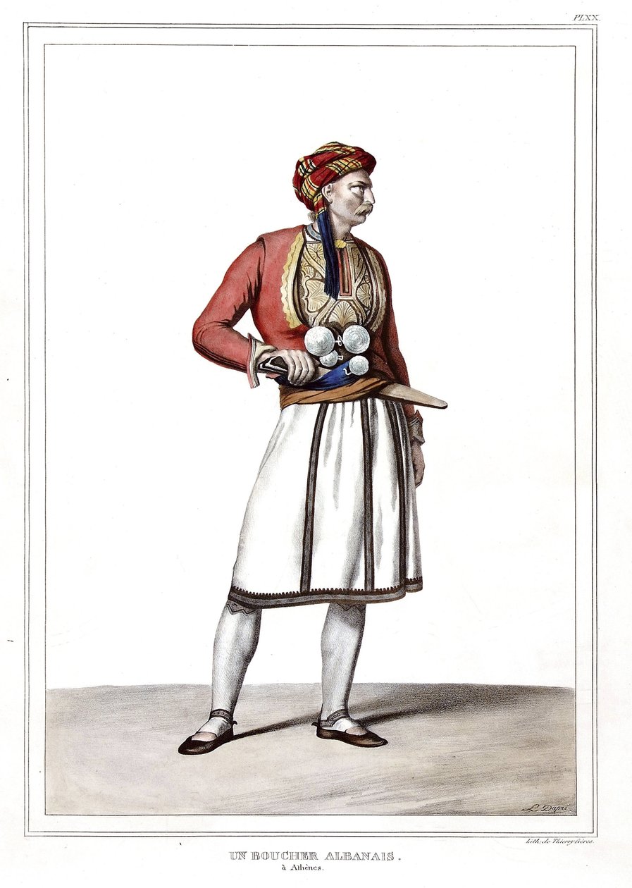 En albansk slagter i Athen. i "" Rejsen til Athen og Konstantinopel, eller samling af græske og osmanniske portrætter, udsigter og kostumer, malet på naturens steder, litografier og farver af Louis Dupre (1789-1837), Davids elev.1825. af Louis Dupré