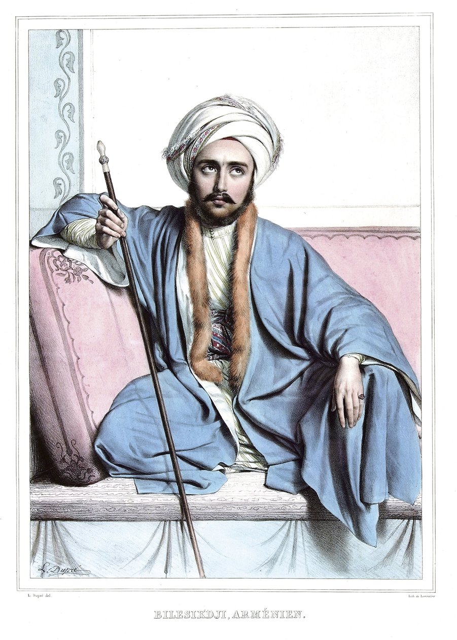 Bilesikdji, armensk. i "" Rejsen til Athen og Konstantinopel, eller samling af græske og osmanniske portrætter, udsigter og kostumer, malet på naturens steder, litografier og farver af Louis Dupre (1789-1837), Davids elev.1825. af Louis Dupré