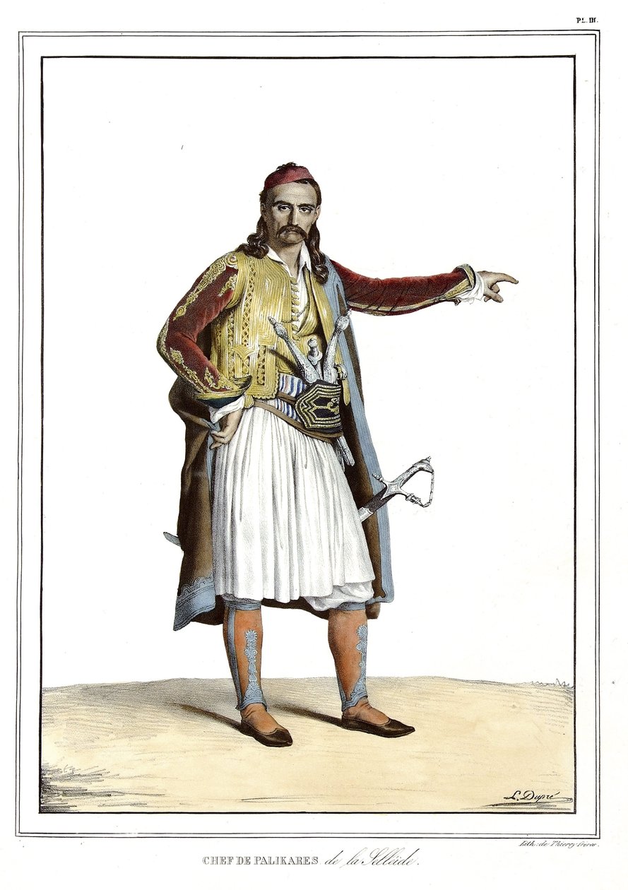 Kok af Palikares de la Scllade, i "" Rejsen til Athen og Konstantinopel, eller samling af græske og osmanniske portrætter, udsigter og kostumer, malet på steder efter naturen, litografier og farver af Louis Dupre (1789-1837), Davids elev. 1825. af Louis Dupré