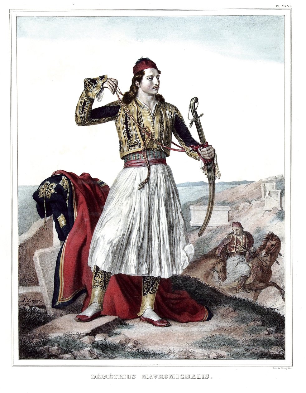 Demetrius Mavromichalis, græsk soldat og patriot. i "" Rejsen til Athen og Konstantinopel, eller samling af græske og osmanniske portrætter, udsigter og kostumer, malet på naturens steder, litografier og farver af Louis Dupre (1789-1837), elev af Da af Louis Dupré