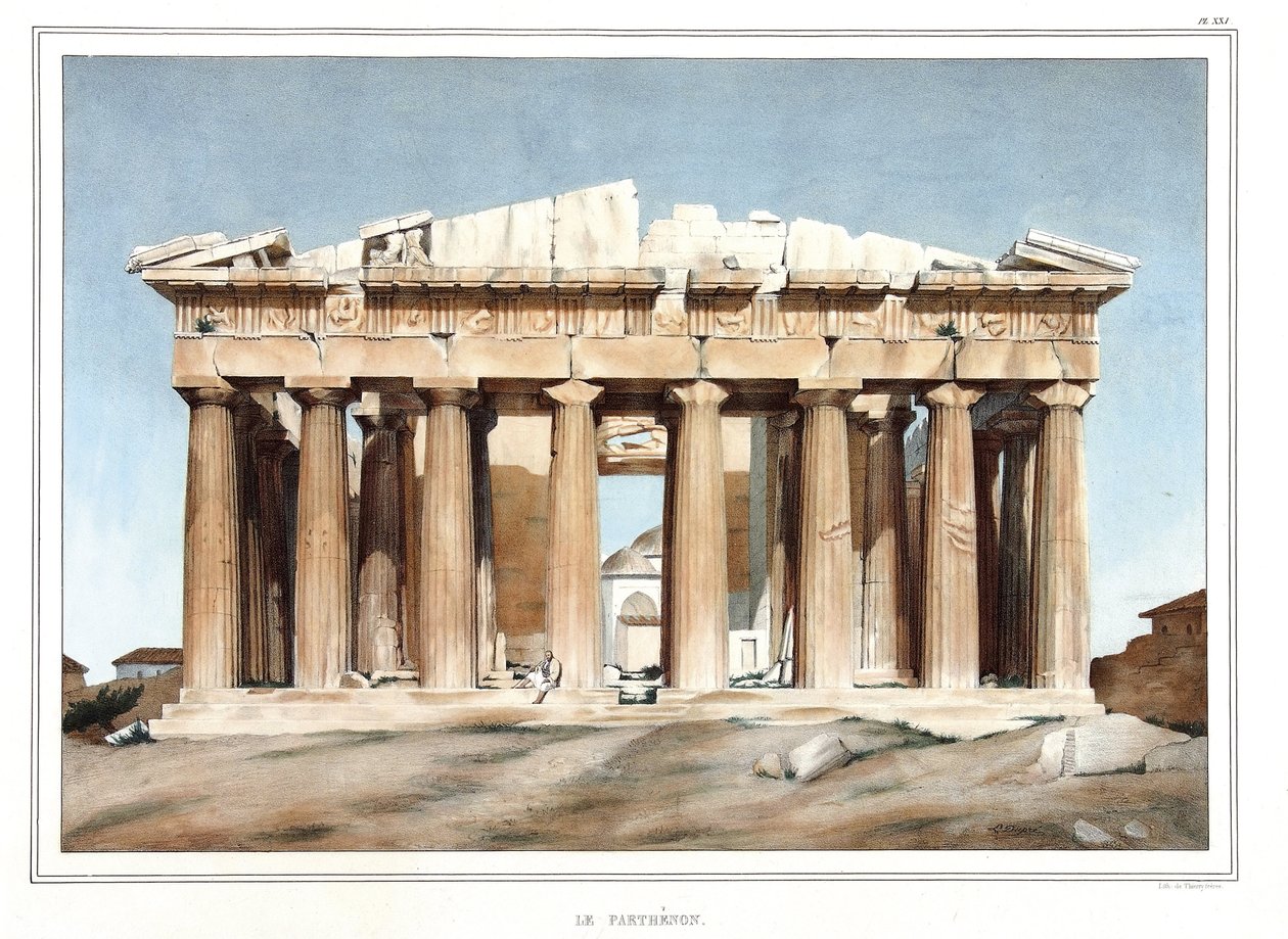 Le Parthenon. i "" Rejsen til Athen og Konstantinopel, eller samling af græske og osmanniske portrætter, udsigter og kostumer, malet på steder af efter naturen, litografier og farver af Louis Dupre (1789-1837), elev af David.1825. af Louis Dupré