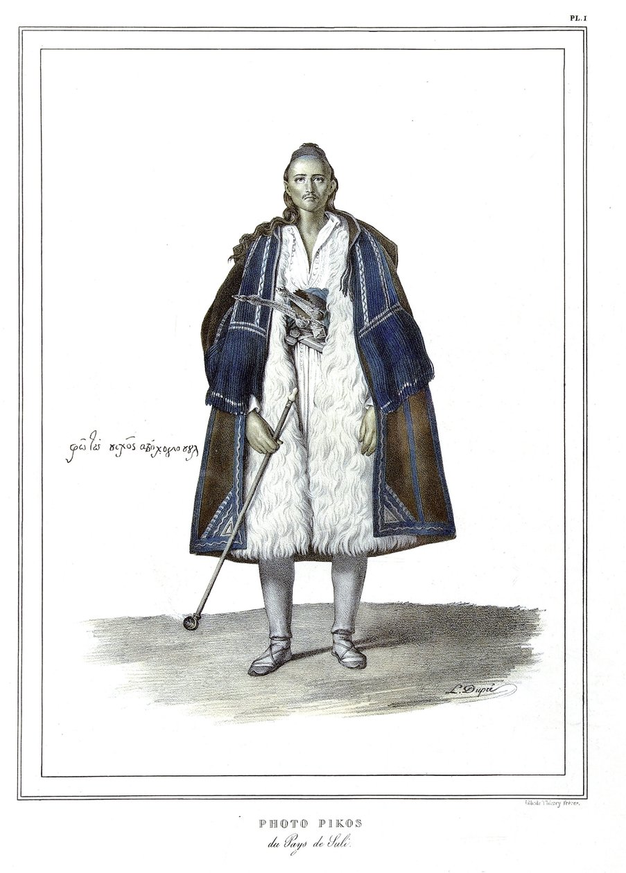 Foto Pikos fra landet Suli, i "" Rejsen til Athen og Konstantinopel, eller samling af græske og osmanniske portrætter, udsigter og kostumer, malet på naturens steder, litografier og farver af Louis Dupre (1789-1837), Davids elev .1825. af Louis Dupré
