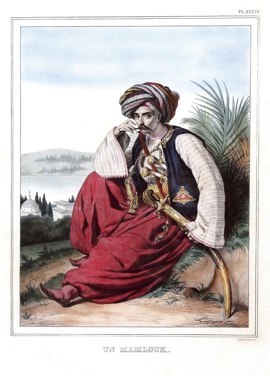 Un mamlouk (Mamluk). i "" Rejsen til Athen og Konstantinopel, eller samling af græske og osmanniske portrætter, udsigter og dragter, malet på steder efter naturen, litografier og farver af Louis Dupre (1789-1837), Davids elev.1825. af Louis Dupré