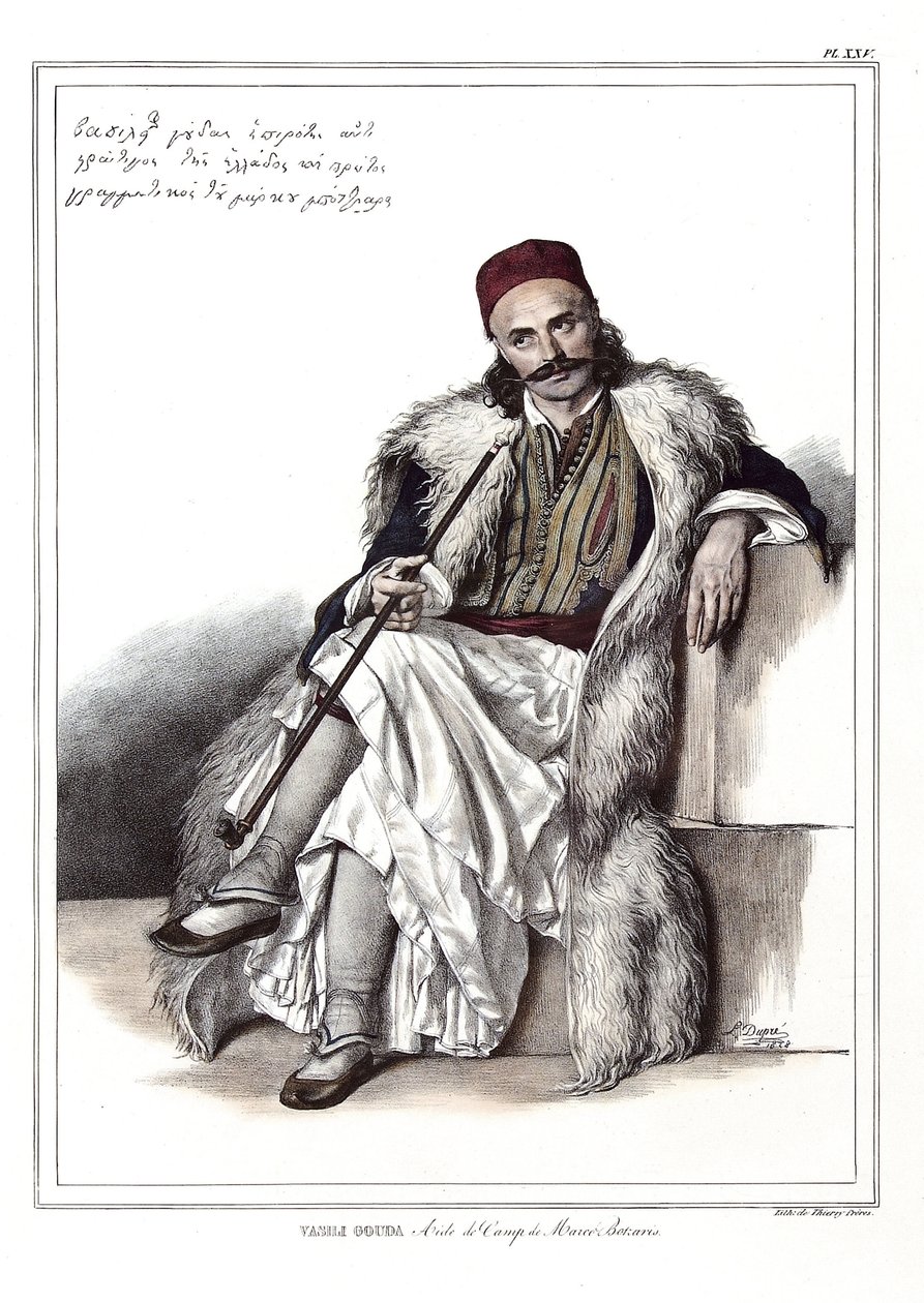 Vasili Gouda, aide de camp for Marc Botzaris (1788-1823). i "" Rejsen til Athen og Konstantinopel, eller samling af græske og osmanniske portrætter, udsigter og kostumer, malet på steder af efter naturen, litografier og farver af Louis Dupre (1789-1837), af Louis Dupré