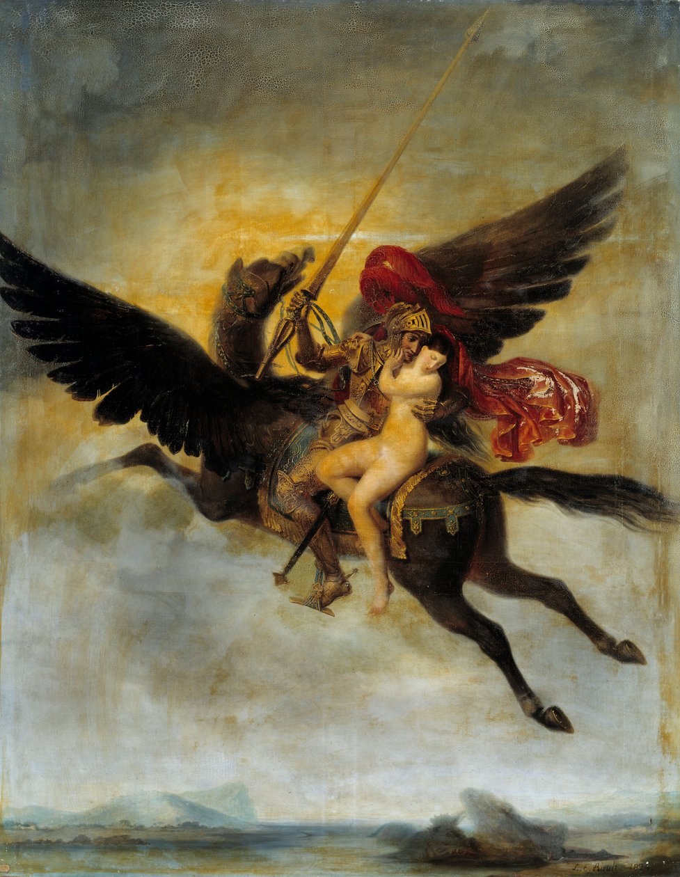 Roger Delivering Angelique Angelique Delivered to a Monster af Pirates er udgivet af Roger Rides on a Hippoclaw. Illustration til "" The Furious Roland"" af Ludovic Ariosto (Ariosto). Maleri af Louis Edward Rioult (1790-1855) 1824 søn. 2 af Louis Edouard Rioult