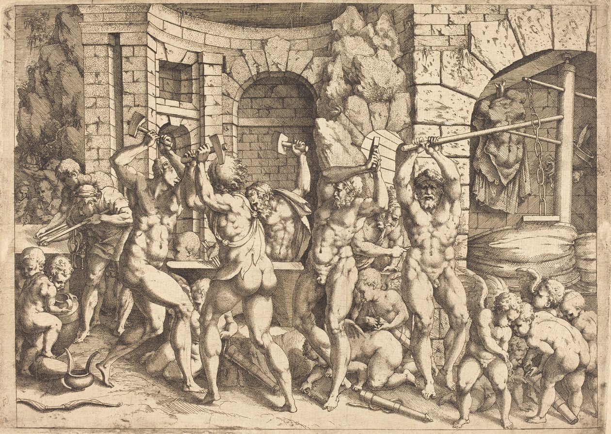 Vulcans smedje af Louis Elle I after Francesco Primaticcio