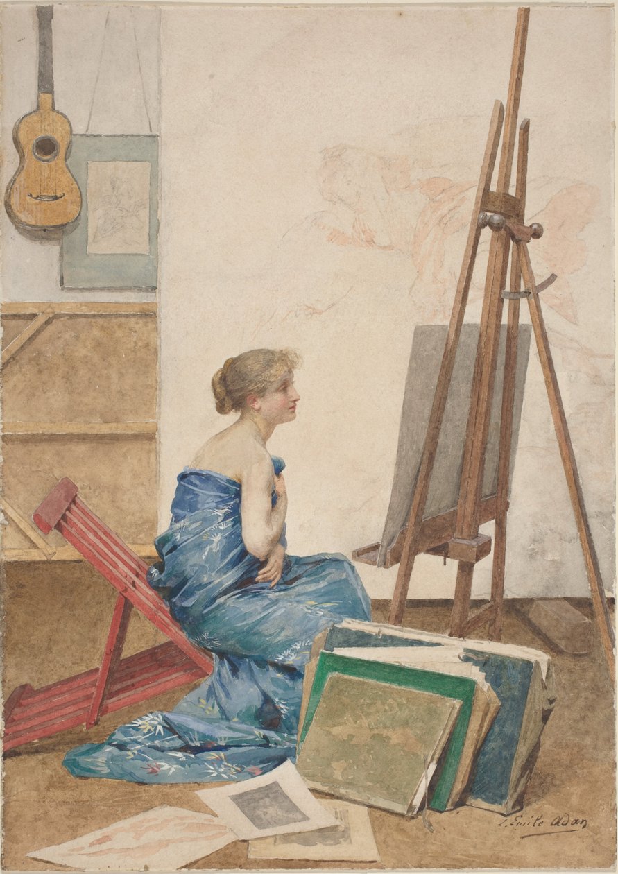 Et malers studie med en model indpakket i japansk silke af Louis Emile Adan