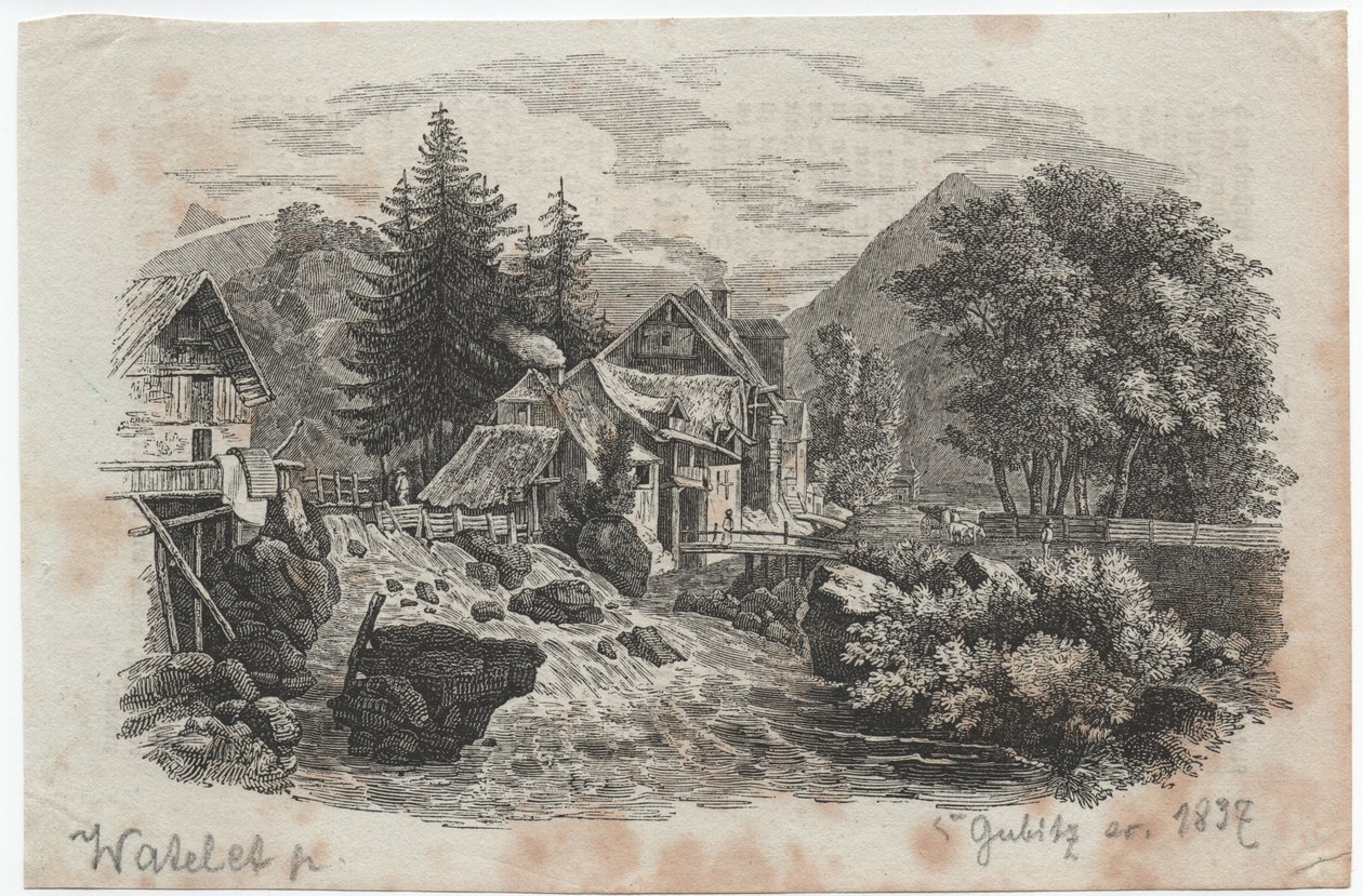 Bjerglandsby ved sammenløbet af to vandløb af Louis Etienne Watelet