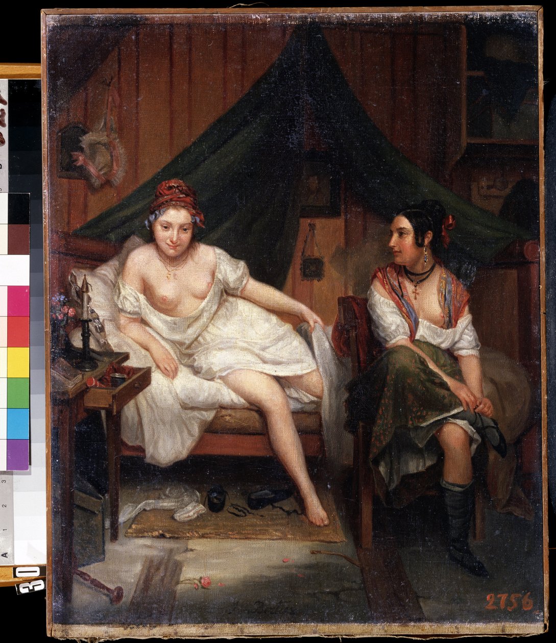 ""Portræt af to unge kvinder i negligé, der vågner op efter en nat med kærlighed (?)"" (to piger) Maleri af Louis Eugene Bertier (1809-?) Mikhail Kroshitsky kunstmuseum fra det 19. århundrede, Sevastopol (Sevastopol) Ukraine af Louis Eugene ) Bertier