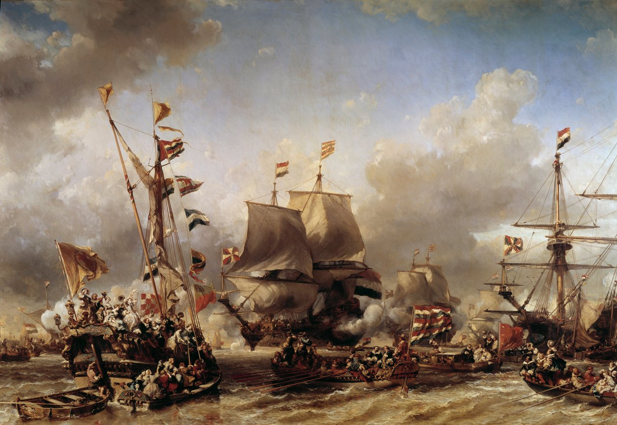 Anglo-hollandsk krig: "" Indskibning af den hollandske admiral Michel Adrien Ruyter (1607-1676) og William de Witt for slaget ved Texel"" Maleri af Louis Gabriel Eugene Isabey (1803-1886) Toulon fra det 19. århundrede, flådemuseum af Louis Eugene Gabriel Isabey