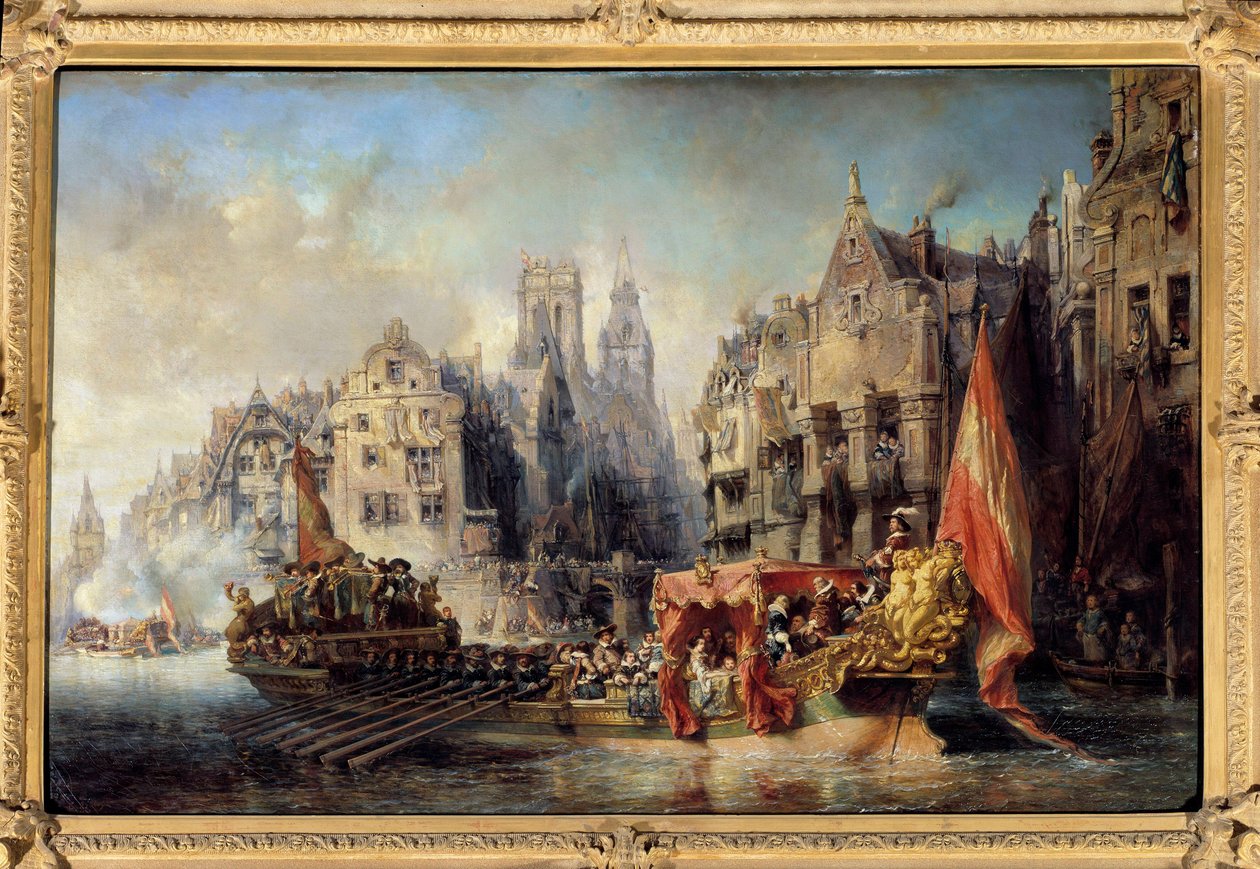 Ankomst af hertugen af Alba til Rotterdam i 1567 Skibe af Ferdinand Alvare de Toledo (eller Fernando Alvarez de Toledo y Pimentel), hertug af Alba, guvernør i Flandern (1508-1582) i byen. Maleri af Eugene Isabey (1803-1886) af Louis Eugene Gabriel Isabey