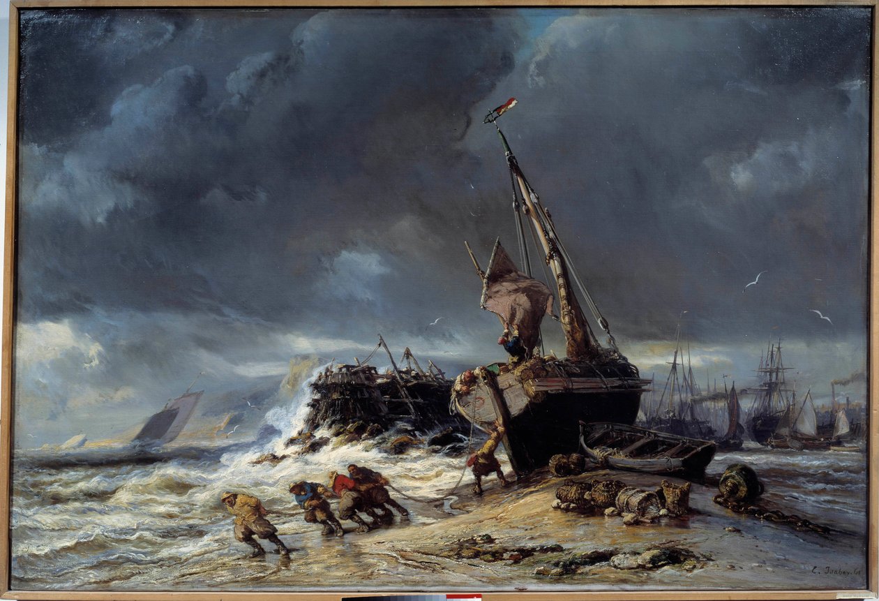 Maree basse, afgang for at fiske Maleri af Louis Eugene Isabey (1803-1886) 1800-tallets Le Havre, Musee des Beaux Arts af Louis Eugene Gabriel Isabey