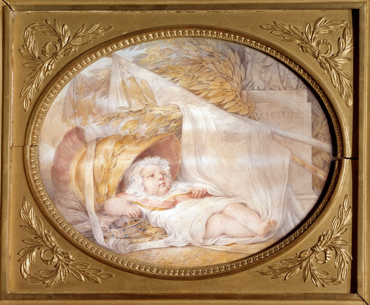 Portræt af kongen af Rom bebe (1811-1832) i hjelmen af Mars Napoleon II, hertug af Reichstadt, søn af kejser Napoleon I (1769-1821), nyfødt. Sort sten og beige lavapapir af Eugene Isabey (1803-1886) Marts 1811 Søn. 0,21x0,26 m Malmaison, museum d af Louis Eugene Gabriel Isabey