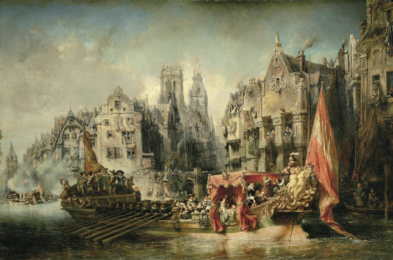 Ankomsten af Ferdinand Alvare de Tolede (Fernando Alvarez de Toledo), hertug af Alba og guvernør i Nederlandene under Charles Vs (V) regeringstid ankom til Rotterdam i 1567. Maleri af Eugene Isabey (1803-1886). 1844. Paris. Orsay Museum af Louis Eugene Gabriel Isabey