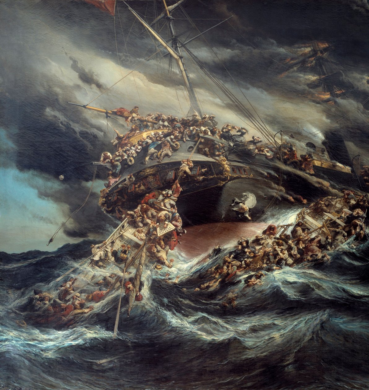 Ilden af damperen Østrig Scene skibbrud af et skib, passagererne forsøger at undslippe på bådene i det demonterede hav. Detalje. Maleri af Eugene Isabey (1803-1886) af Louis Eugene Gabriel Isabey