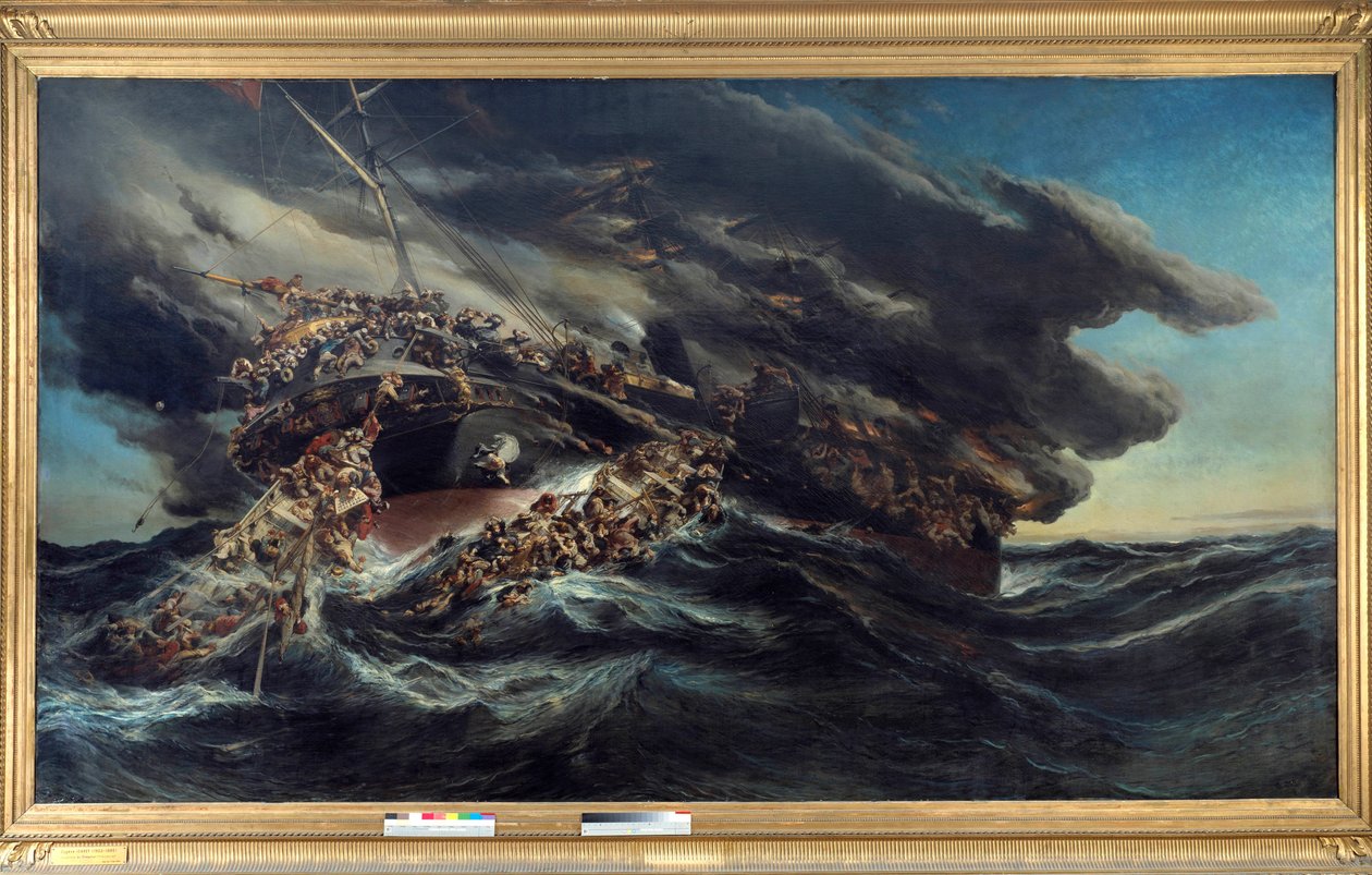 Ilden af damperen Østrig Scene skibbrud af et skib, passagererne forsøger at undslippe på bådene i det demonterede hav. Maleri af Eugene Isabey (1803-1886) af Louis Eugene Gabriel Isabey