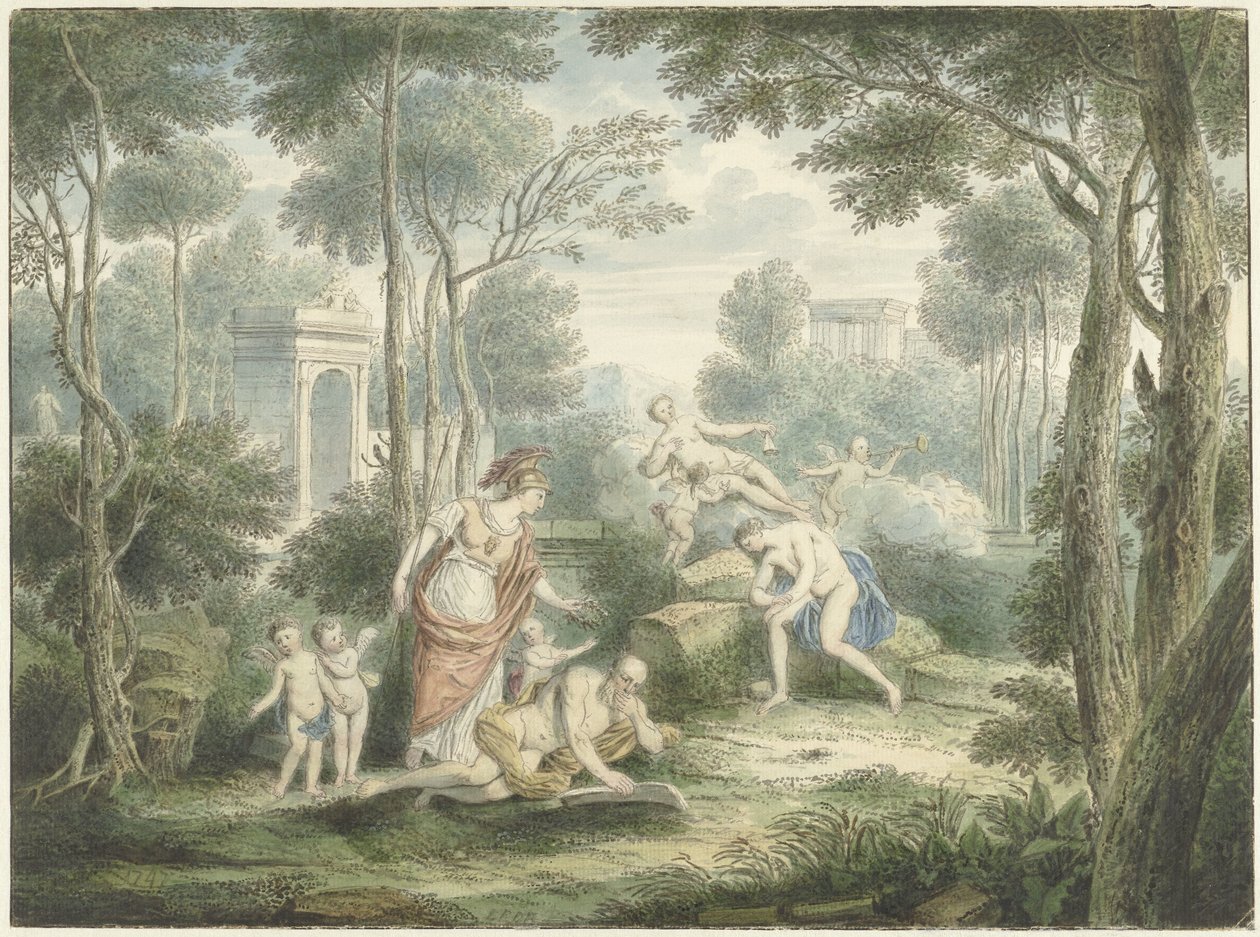 Arkadisk landskab med Athena, der kroner en gammel mand og Venus og Adonis af Louis Fabritius Dubourg