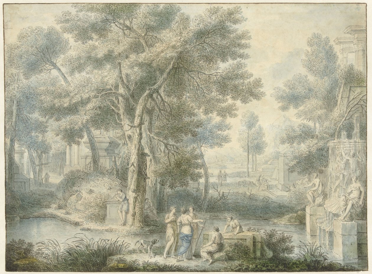 Arkadisk landskab med et springvand til højre af Louis Fabritius Dubourg