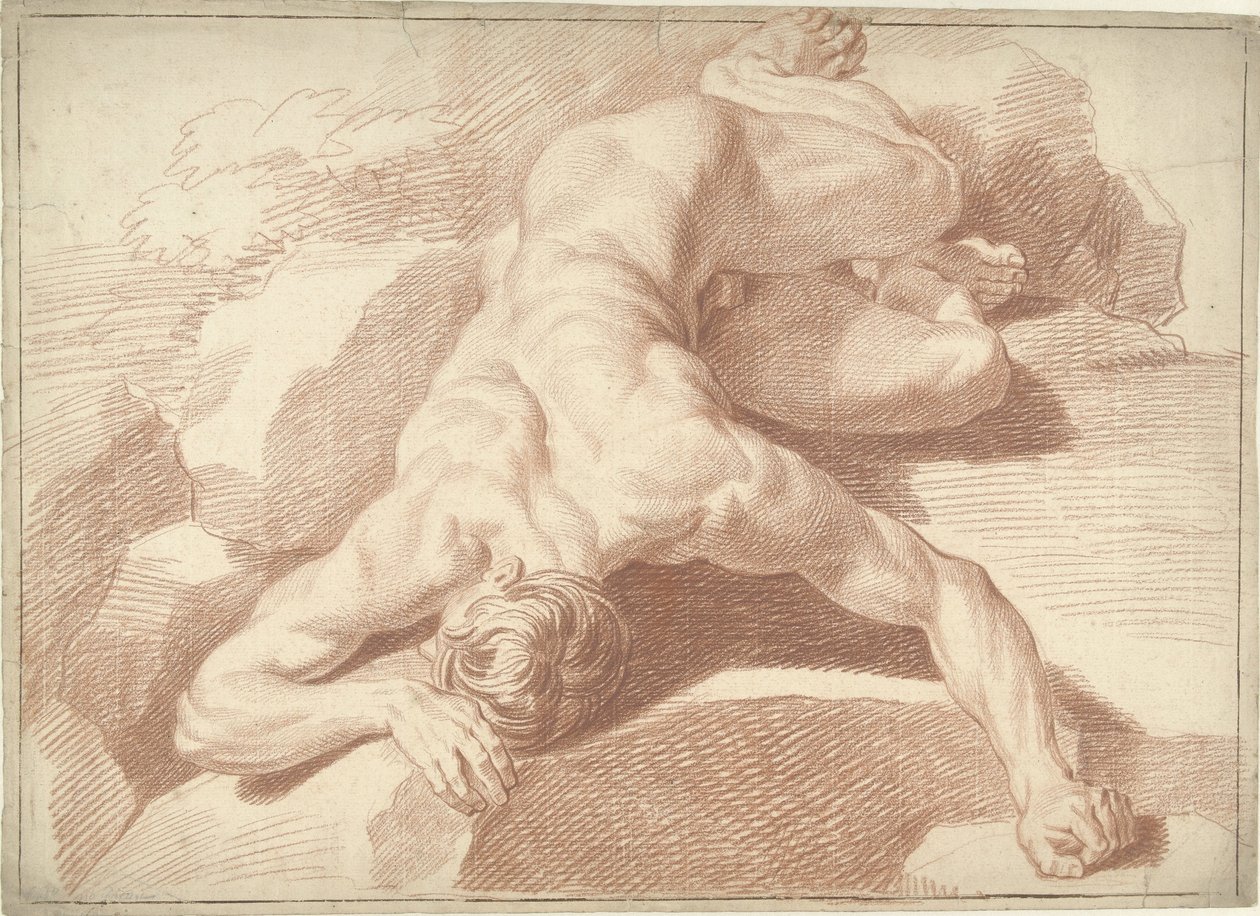 Nøgen mand, liggende på maven, forkortet af Louis Fabritius Dubourg