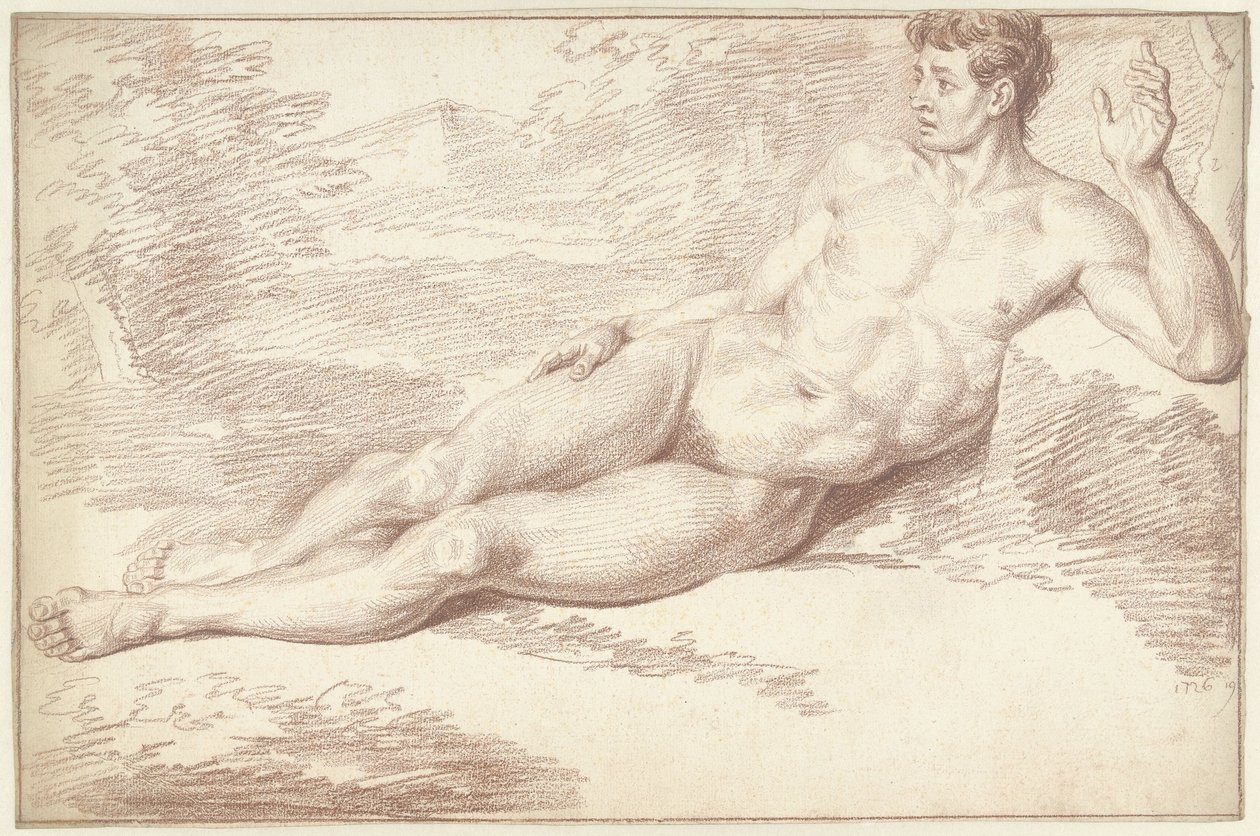 Mand nøgen, liggende på siden, vendt mod højre af Louis Fabritius Dubourg