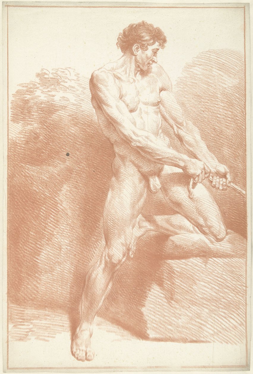 Mand nøgen, stående, trækker i et reb af Louis Fabritius Dubourg