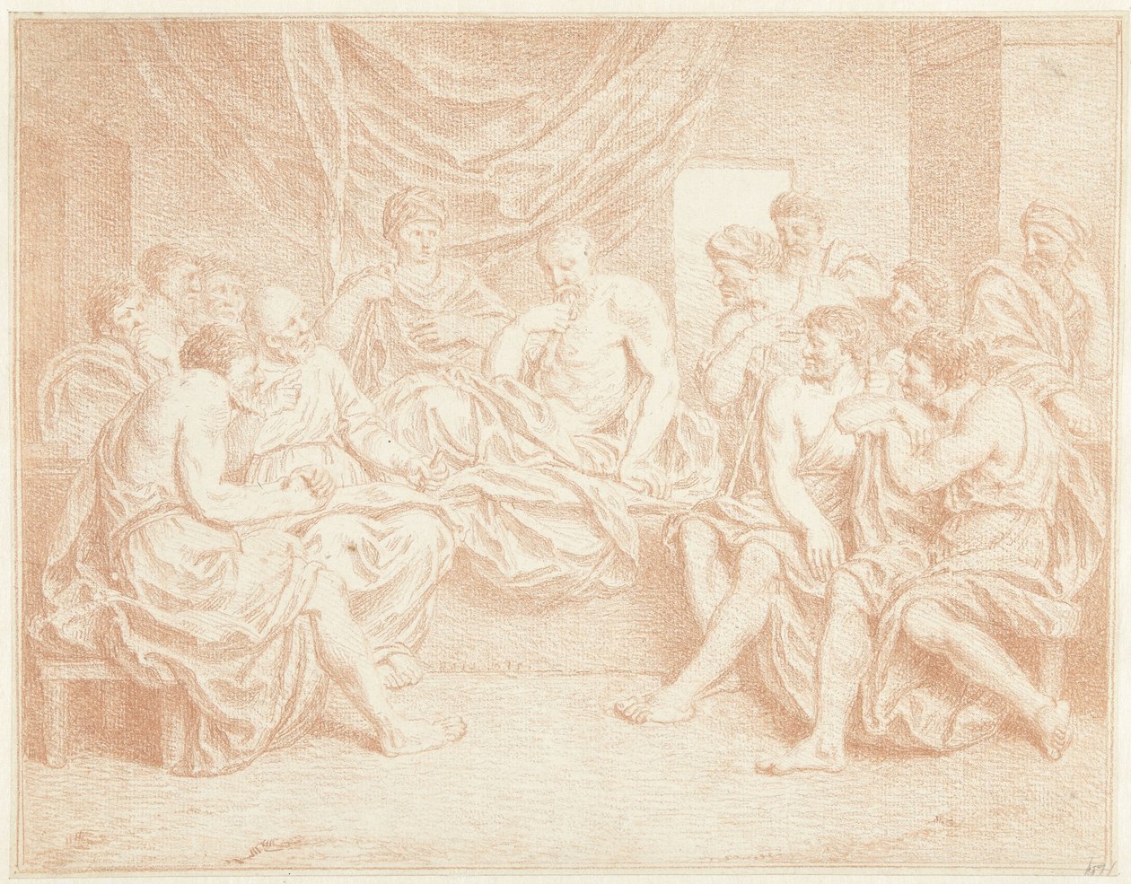 Gammel mand på sengen omgivet af mennesker af Louis Fabritius Dubourg