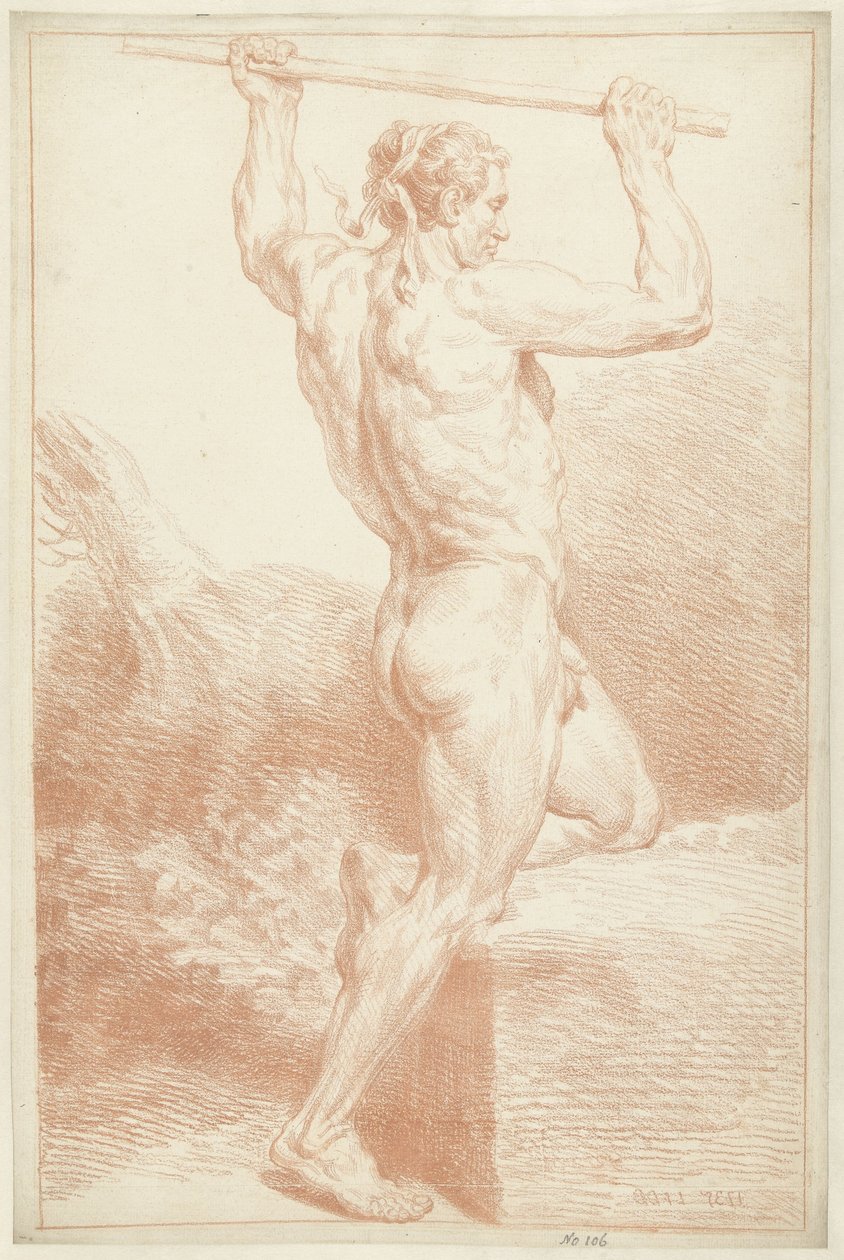 Undersøgelse af en nøgen mand, på det ene knæ, med en pind over hovedet af Louis Fabritius Dubourg