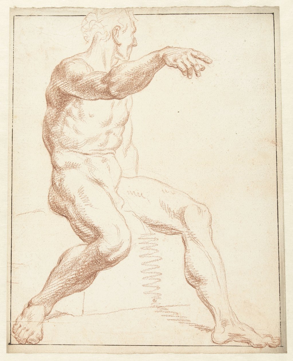 Studie af en siddende nøgen mand, der peger med højre arm af Louis Fabritius Dubourg