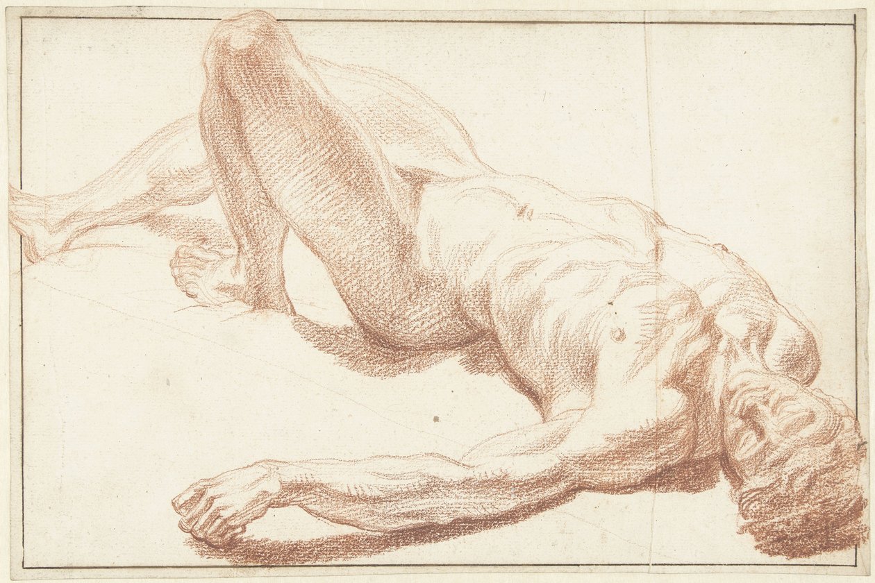 Studie af en mandlig nøgen, liggende på ryggen, med lige ben af Louis Fabritius Dubourg