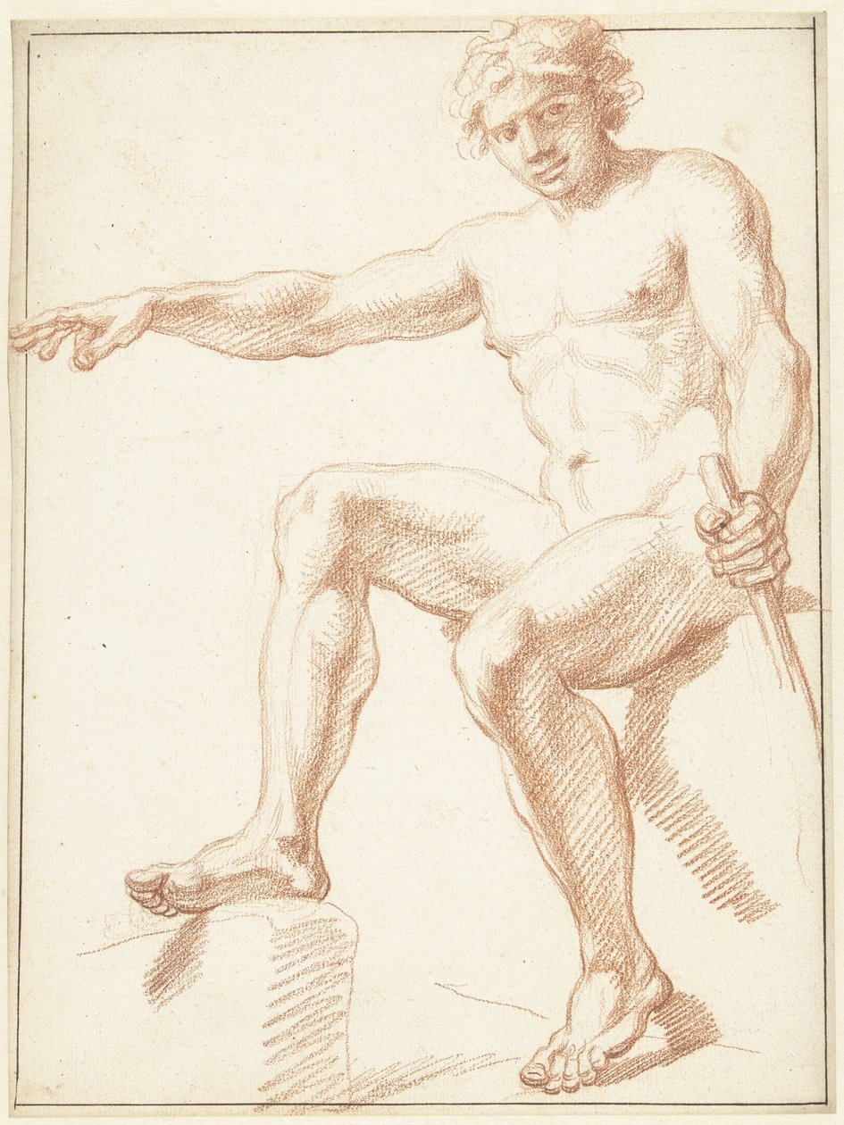 Studie af en mandlig nøgen, siddende med strakt arm af Louis Fabritius Dubourg