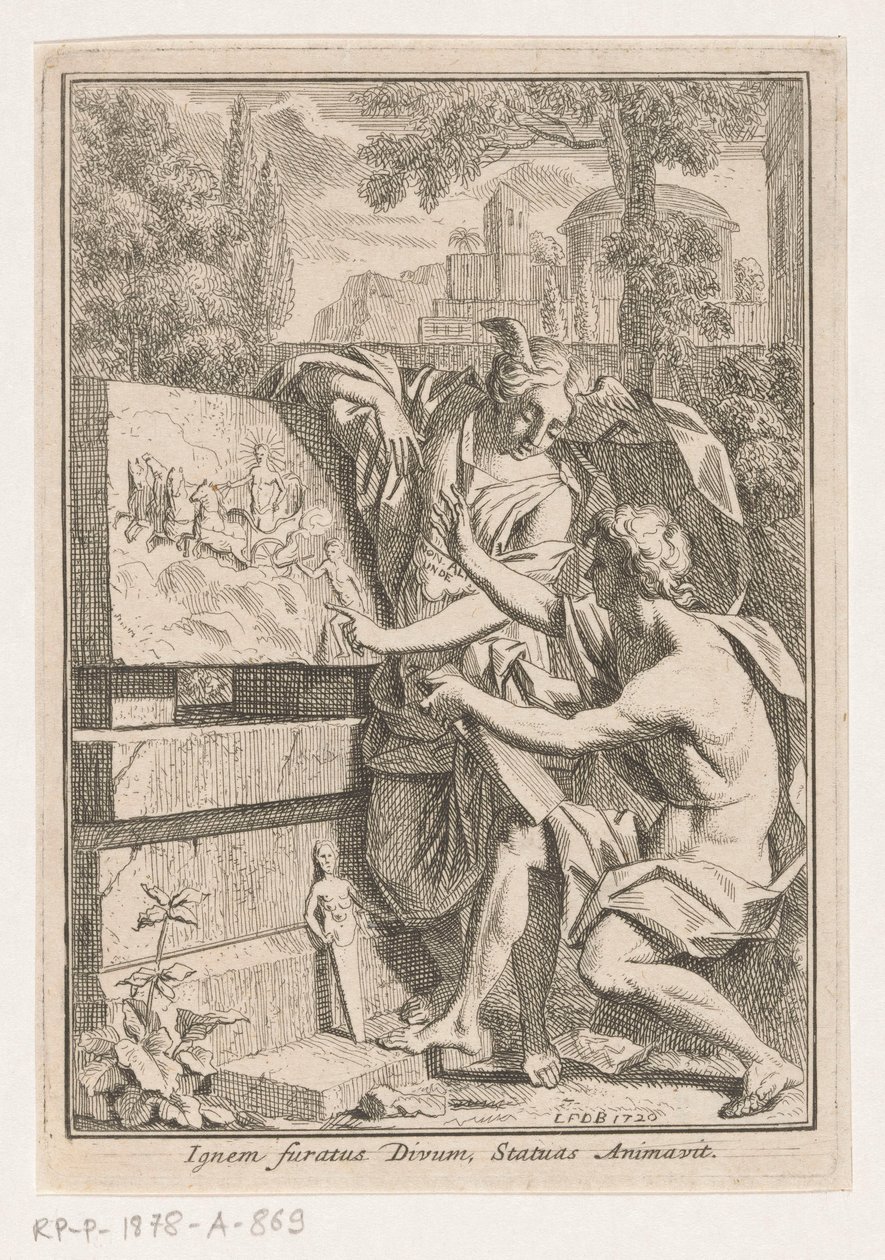Kvinde med bevinget hoved viser bas-relief til ung mand af Louis Fabritius Dubourg