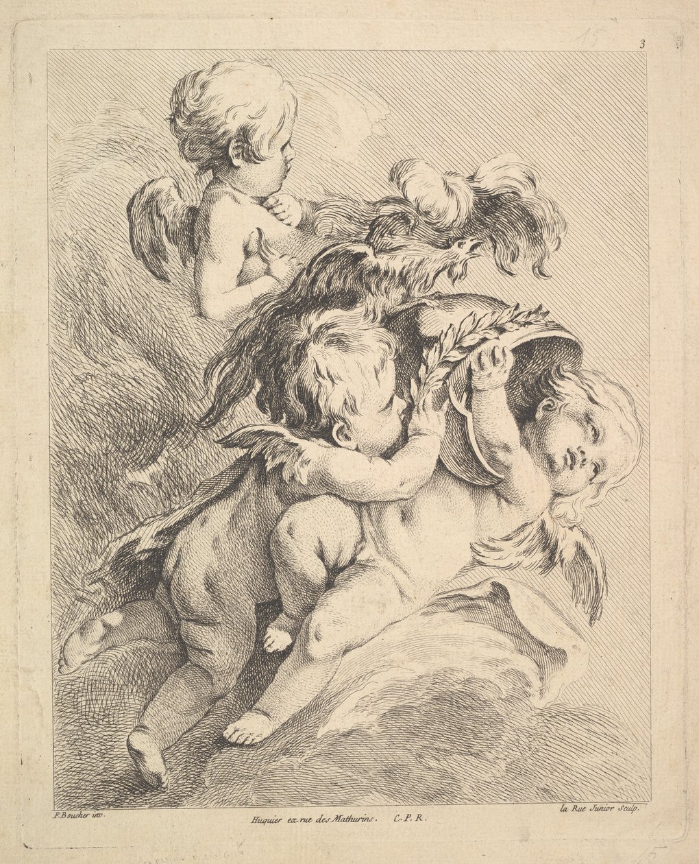 Tre amoriner, der holder en hjelm. af Louis Felix de la Rue