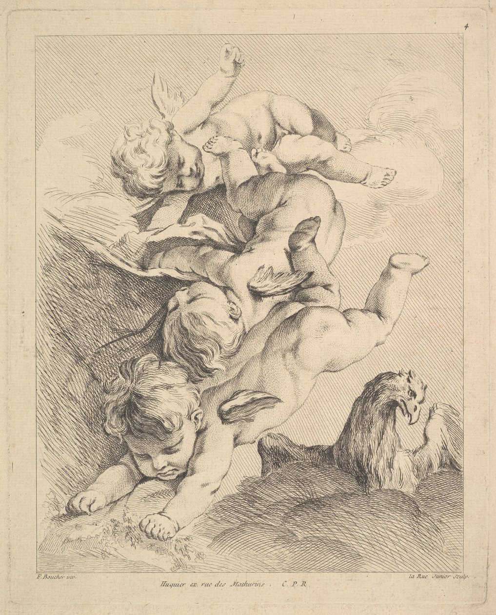 Tre amoriner drejer en saltomortale, en ørn til højre. af Louis Felix de la Rue