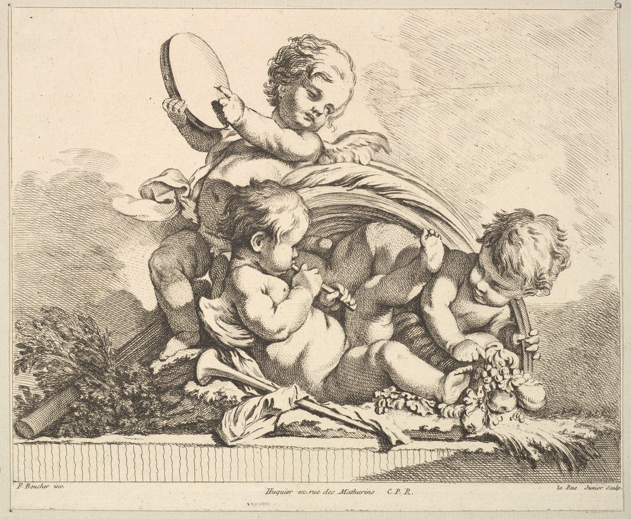 Tre amoriner, to spiller musik, en holder palmeblade. af Louis Felix de la Rue