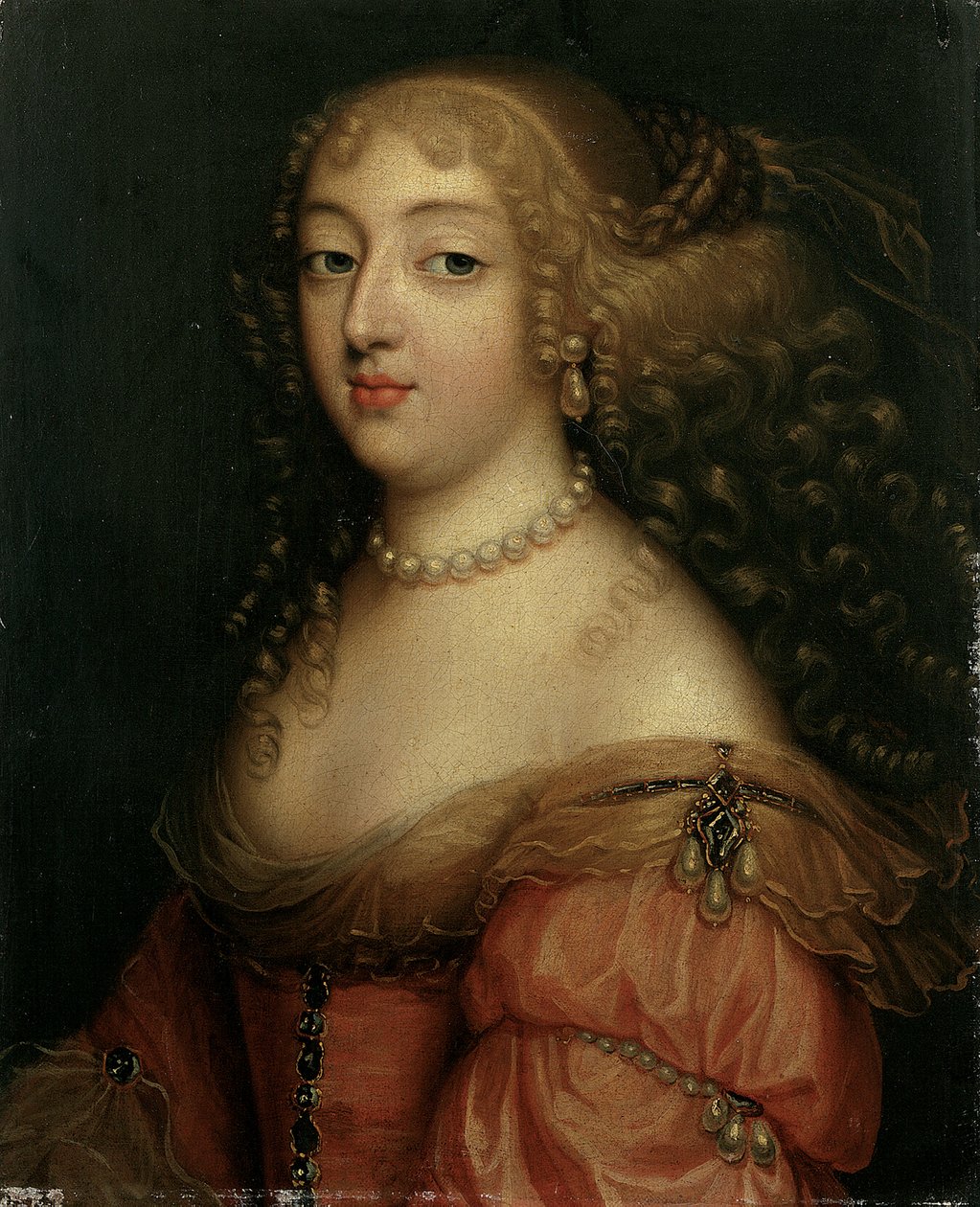 Portræt af en dame, der siges at være Laura Mancini, Duchesse de Mercoeur, brystlængde, i en rød kjole, med perlehalskæde og øreringe af Louis Ferdinand Elle