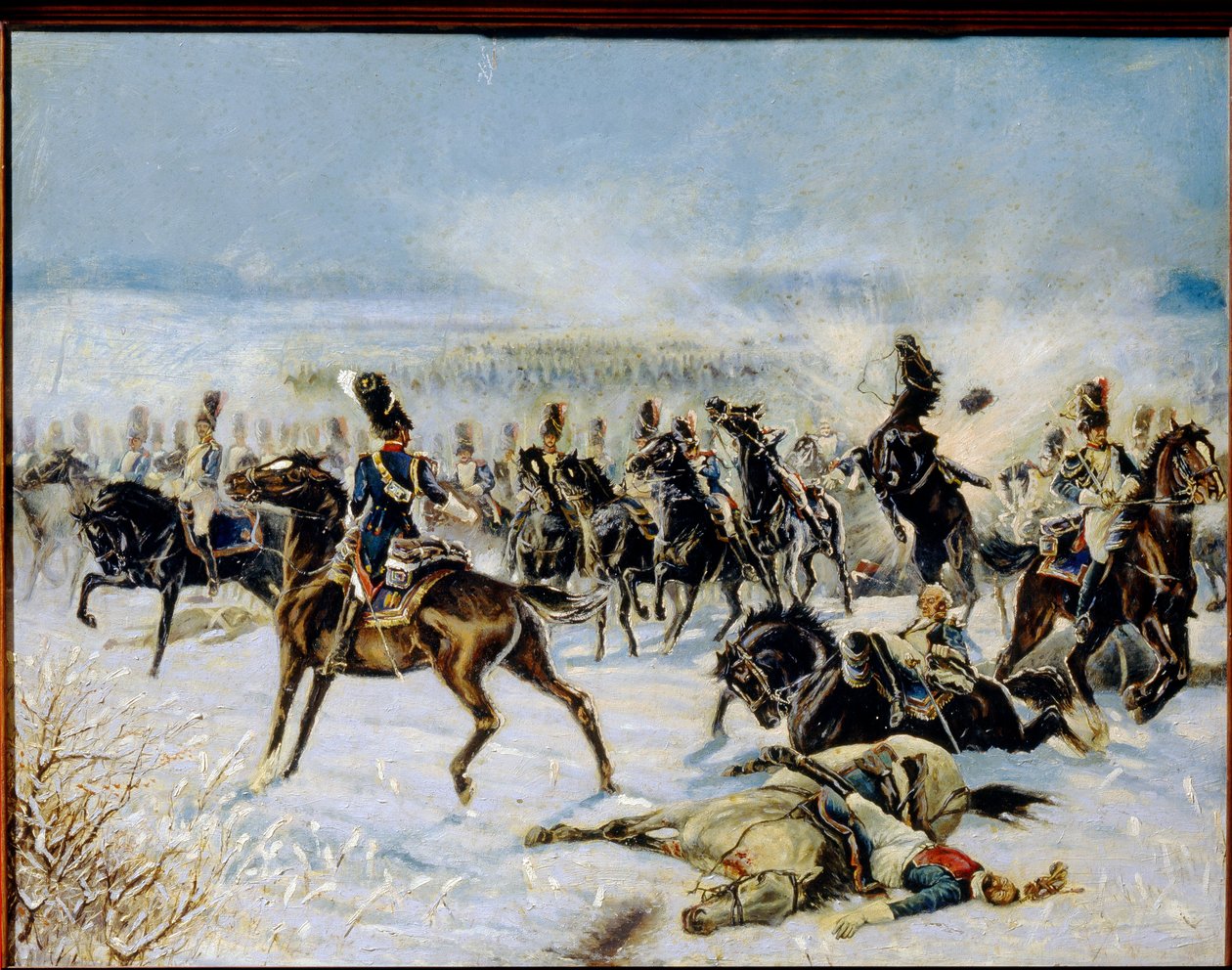 Slaget ved Eylau, 20. februar 1807. (Slaget ved Preussisch Eylau den 8. februar 1807). Militær konfrontation mellem den franske Grande Armee af Napoleon I (1769-1821) og det russiske imperium. Værk af Louis Ferdinand Malespina (1874-1940), olie på ca af Louis Ferdinand Malespina