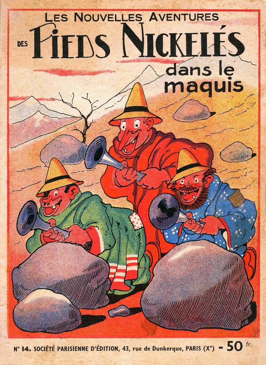 cover af et tegneseriealbum af Louis Forton (1879-1934): Les Pieds Nickeles dans le maquis (1949-udgaven af ​​bind 14 af trioens eventyr). Croquignol, Ribouldingue og Filochard på Korsika. ©Gusman/Leemage af Louis Forton