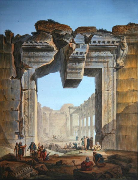 Hovedporten til et tempel beliggende syd for Solens tempel i Baalbec, ca. 1800 (farvegravering) af Louis Francois (after) Cassas