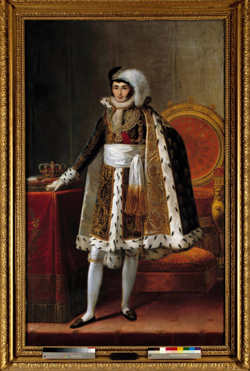 Portræt i foden af Jerome Bonaparte (1784-1860), konge af Westfalen. I kostume som kommandør af den kongelige kroneorden af Wesphalia, ca. 1810. Maleri tilskrevet Louis Francois Aubry (1767-1851) eller Francois Joseph Kinson (Kinsoen) (1770-1839). af Louis Francois (attr. to) Aubry