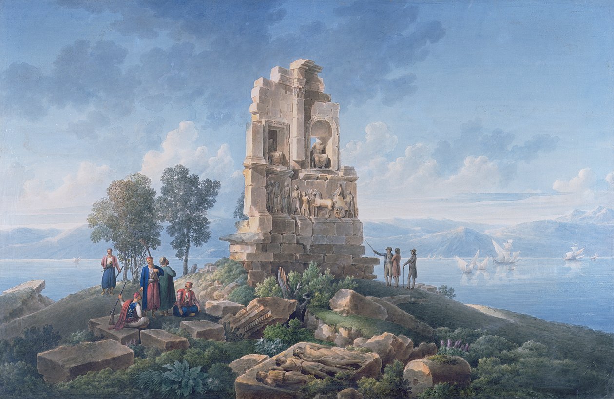 Philopappus grav i Athen, med rejsende. 1821 (blæk og akvareller) af Louis Francois Cassas